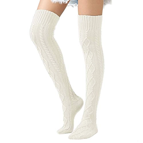 Thigh High Socks for Women Crochet Knitted Knee Stockings Leg Warmers Winter Autumn - White