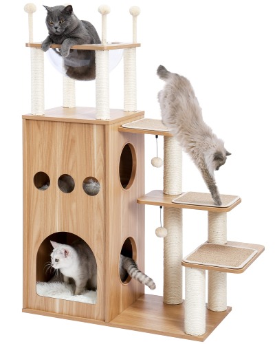 Made4Pets Cat Tree Modern Cat Tower Wood Condo with Natural Sisal Ropes Cover Scratching Posts, Wooden Kitten Condos and Large Space Sturdy Clear Bowl Cat Bed for Indoor Kitties