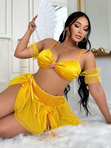 Fantasy Costume Sexy Pleated Slit Plus Size 5-Piece Lingerie Set