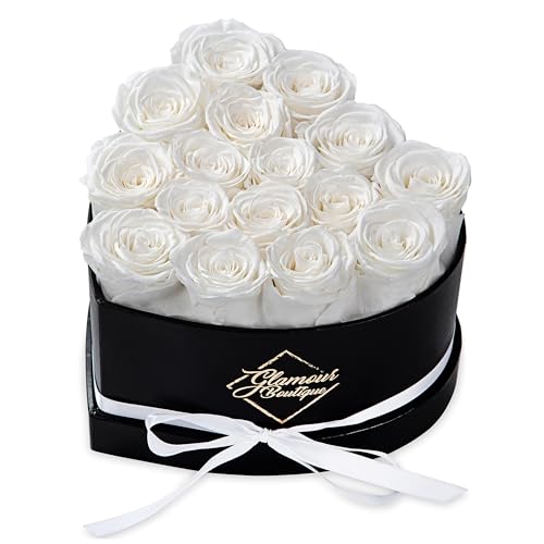 GLAMOUR BOUTIQUE 16-Piece Forever Flowers Heart Shape Box - Preserved Roses, Immortal Roses That Last A Year - Eternal Rose Preserved Flowers for Delivery Prime Mothers Day & Valentines Day - White - 16 Roses - White 16 Roses