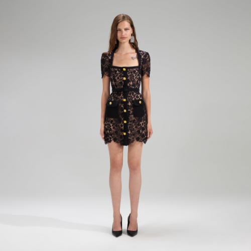 Black Guipure Lace Mini Dress | US 4