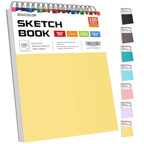 Soucolor 9" x 12" Sketch Book, 1-Pack 100 Sheets Spiral Bound Art Sketchbook, Acid Free (68lb/100gsm) Artist Drawing Book Paper Painting Sketching Pad for Kids Students Adults Beginners - Yellow - 1 Pack