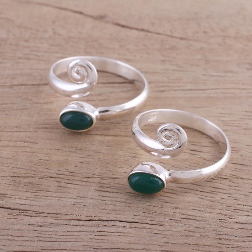 Green Curl Two Green Onyx and Sterling Silver Toe Rings from India | Default Title