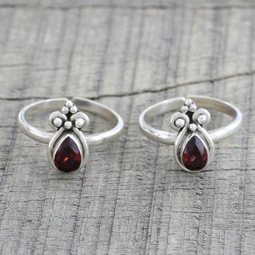Scarlet Drops Pair of Teardrop Garnet and 925 Silver Toe Rings from India | Default Title