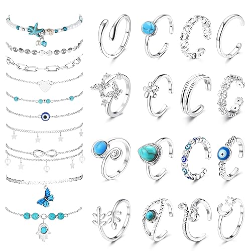 ZELORES 26PCs Toe Rings and Anklet for Women Silver Gold Plated Toe Rings Layered Ankle Bracelets Set Turquoise Evil Eye Adjustable Toe Rings for Beach Foot Jewelry - Silver-26 PCS