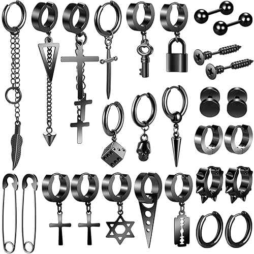 Black Cross Earrings for Men, 28 Pieces Stainless Steel Long Chain Dangle Piercing Hoop Earrings Set for Gifts - Black