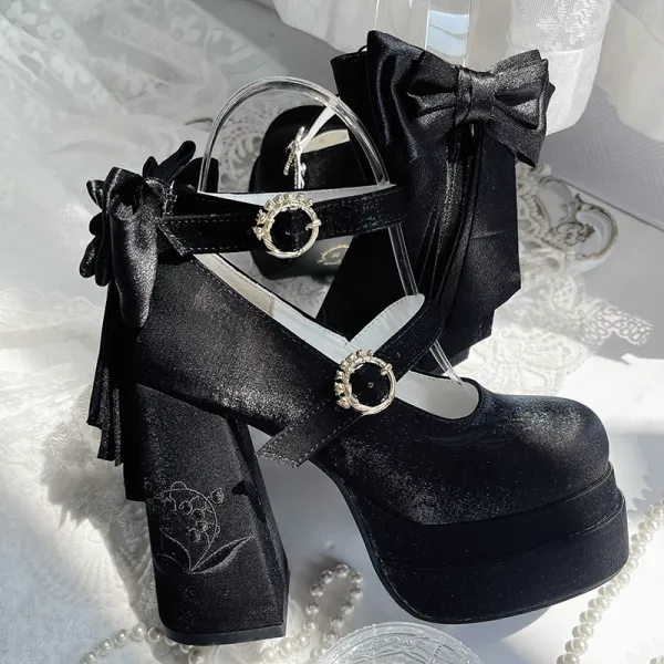 Black Detachable Bowknot Lily of the Valley Embroidery High Block Heel Platform Mary Janes
