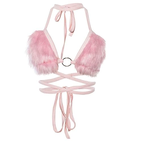 ZOOMY Frauen Sexy Halfter Schnür-Bikini-BH V-Ausschnitt Flauschiges Plüsch-Crop-Top - Pink