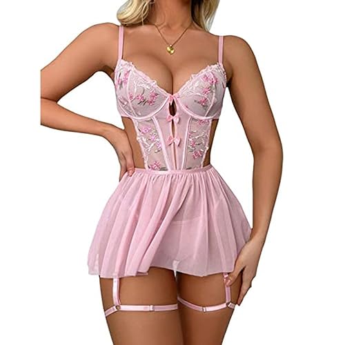 RPAEOY Dessous Sexy Damen Negligee Dessous Kleid Strapsen Dessous Set Nachtkleid mit G-String Reizwäsche Sleepwear Spitze Babydoll Nachtwäsche - Rosa - XL