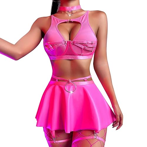 YOMORIO Dessous Damen Sexy Set, Unterwäsche Strapsen Dessouse Set Sexy Reizwäsche Bodysuit Rückenfreies Babydoll Outfit Nachtwäsche Gürtel Sexy Negligee Hohe Taille Lingerie mit Strumpfgürtelrock - XL - Rosa