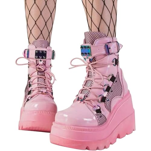 Minetom Damen Chunky Schuhe Blockabsatz Plaftorm Gotisch Stiefeletten Punk Gothic Plateau Ankle Boots Reißverschluss High Heels - 37 - B Rosa