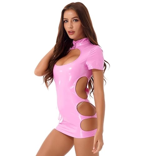 Womens Wet Look PVC Leather Mini Dress Short Sleeve Back Zipper Side Cutout Bodycon Sexy Dresses Hollow Out Pole Dance Clubwear-Pink,XL - XL - Pink