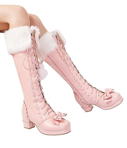 Minetom Stiefel Damen Lolita Lange Stiefel Plüschfutter Schnürstiefel Langschaftstiefel Warme Blockabsatz Stiefel Süßer Schmetterling Schneestiefel Mit Haarkugel - 38 EU - A Rosa