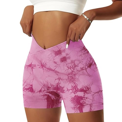 Vertvie Damen Gym Shorts V Cross Stretch Push Up Yoga Shorts Booty Scrunch Fitness Hosen Kurz High Waist Nahtlos Workout Sportshorts Butt Lift Kurze Leggings Sommer - XL - Tie Dye Rosa
