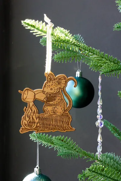 Marshmallow Mouse Wood Ornament [Woodland Art, Cute Animals Camping, Whimsical, Personalized Gifts, Christmas, Holiday, Stocking Stuffers]