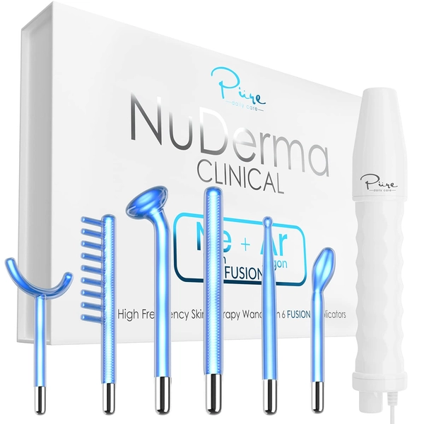 NuDerma Clinical Skin Therapy Wand - Portable High Frequency Skin Therapy Machine w 6 Fusion Neon + Argon Wands – Anti Aging - Blemish & Spot Control - Skin Tightening & Radiance - Wrinkle Reducing