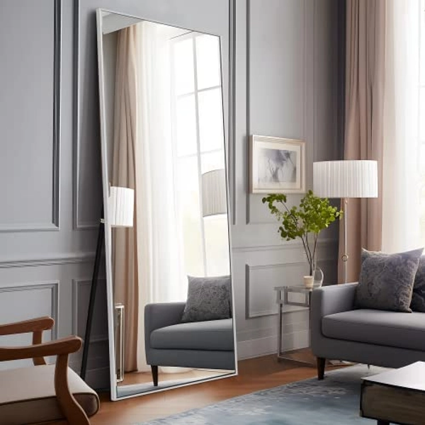 NeuType Full Length Mirror, 65" x 22" Aluminum Alloy Frame Floor Mirror with Stand, Mirror Full Length, Free Standing or Wall Mounted or Leaning Against Wall, Brushed Silver