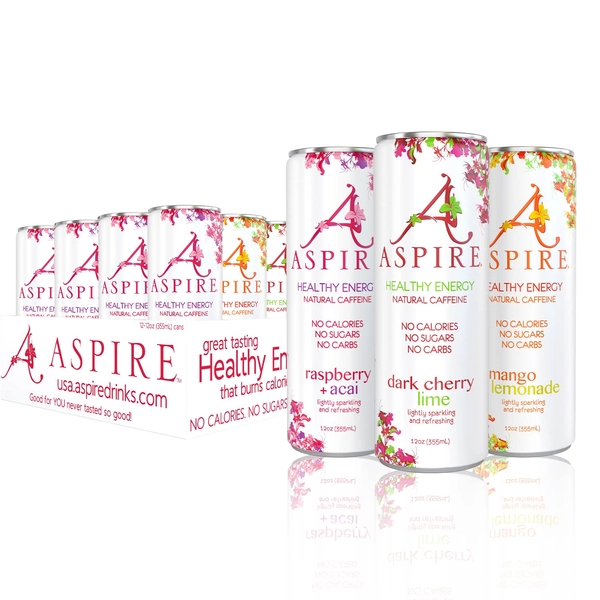 Aspire Healthy Energy Drinks, Original Variety Pack, Sugar Free, Sparkling Energy Drink, with 80mg Natural Caffeine Beverage, Essential Vitamins, Keto Drink, Vegan, Kosher, Gluten-Free, 12oz can (12 Pack)
