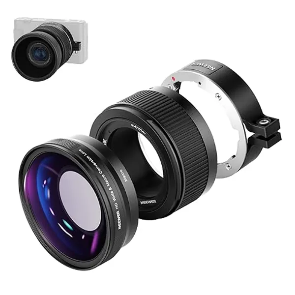 NEEWER Wide Angle Lens Compatible with Sony ZV1 Camera, 2 in 1 18mm HD Wide Angle & 10x Macro Additional Lens with Extension Tube, Bayonet Mount Lens Adapter, Cleaning Cloth (Black Frame) - black