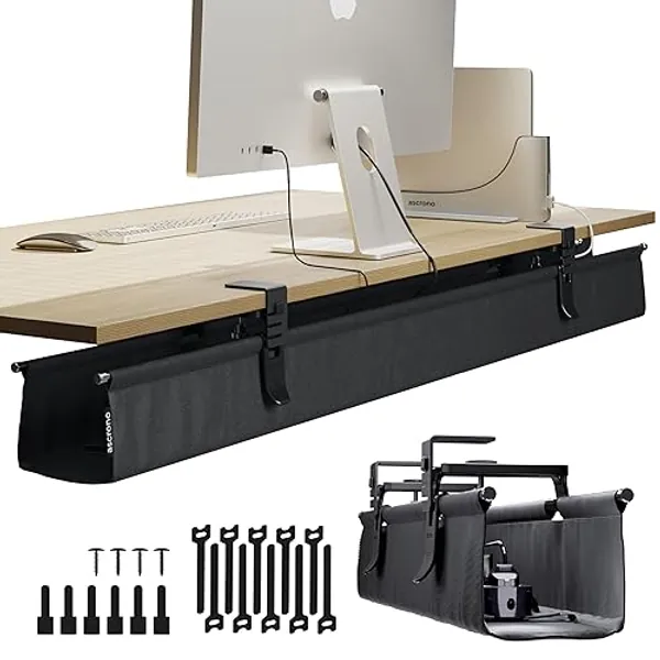 Ascrono CableCare No Drill Under Desk Cable Management Tray 53.9" -for Desk Wire Management - Premium Black Fabric to Hide Cords - Clamp/Screw Mount - Supports Upto 66lbs - Cable Management Under Desk - Extra Large (53.9 in) - Black
