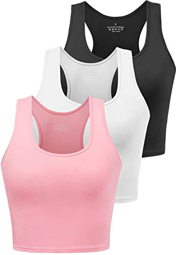 Sports Crop Tank Tops for Women Cropped Workout Tops Racerback Running Yoga Tanks Cotton Sleeveless Gym Shirts 3 Pack - Black White Pink - Small
