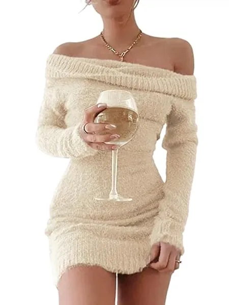 FAIRY SEASON Women's 2025 Off The Shoulder Sweater Mini Dress Long Sleeve Ribbed Bodycon Pullover Cute Short Dresses - Medium - Beige