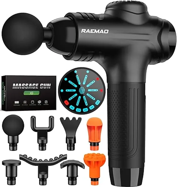 RAEMAO Massage Gun, Handheld Electric Deep Tissue Muscle Massager for Athletes for Pain Relief Attaching 8 Replacement Heads, Percussion Massager with 10 Speeds, Black - Black