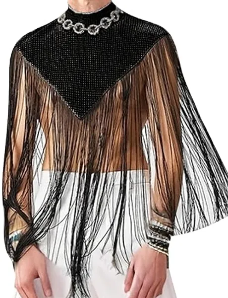 Panegy Men's Tassel Shrug Tank Top Clubwear Disco Rave Outfits - Tassel Black - Large