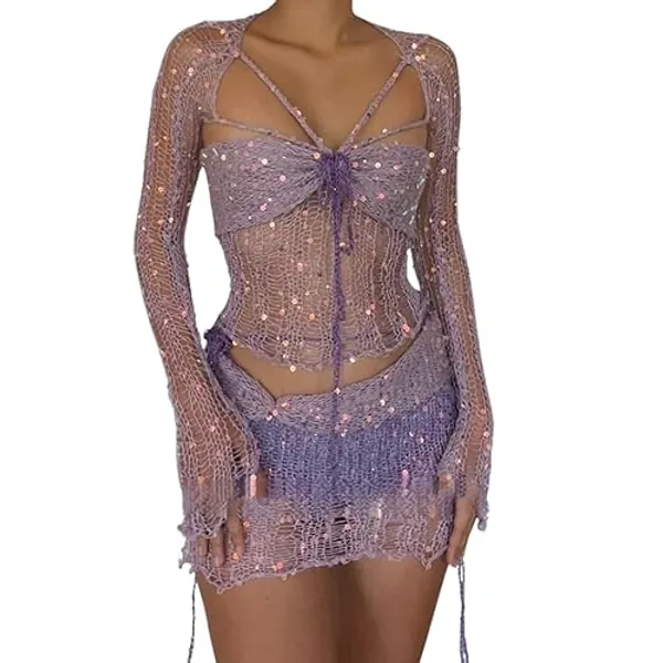 HHX Knitted Sweater Sexy Lingerie Sets Rave Outfit Women Crochet Dress Sparkly Tights Crochet Swim Cover up - Medium - Cn0288-purple