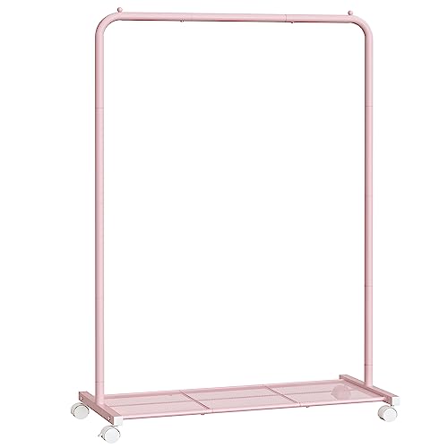 ˚ʚ♡ɞ˚ 𝑯𝒂𝒑𝒑𝒚 𝑩𝒊𝒓𝒕𝒉𝒅𝒂𝒚 🍰🤍 SONGMICS Clothes Rack with Wheels, 35.8 Inch Garment Rack, Clothing Rack for Hanging Clothes, with Dense Mesh Storage Shelf, 110 lb Load Capacity, 2 Brakes, Steel Frame, Jelly Pink UHSR025P01 - Pink - Single Rod