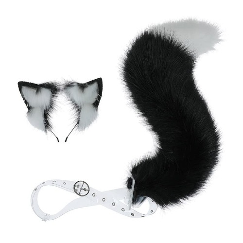 Faux Wolf Fox Tail Hair Clip Headdress Ears and Animal Fur Tail Headband Halloween Cosplay Costume Lolita Set
