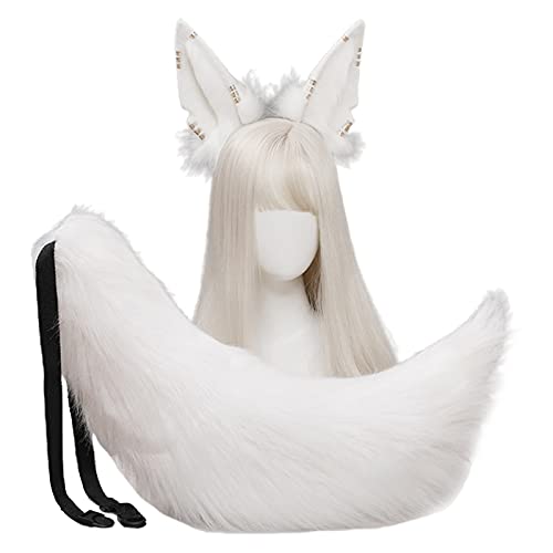 Furry Animal Wolf Ears Kawaii Hair Hoop Tail Set Lolita Costume Long Fur Headpiece for Halloween Party Decoration (White 2) - White 2