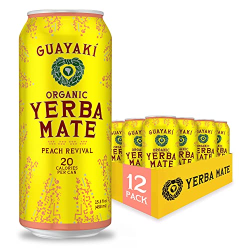 Guayaki Yerba Mate, Clean Energy Drink Alternative, Organic Peach Revival, 15.5oz (Pack of 12), 150mg Caffeine - Peach Revival - 15.5 Fl Oz (Pack of 12)