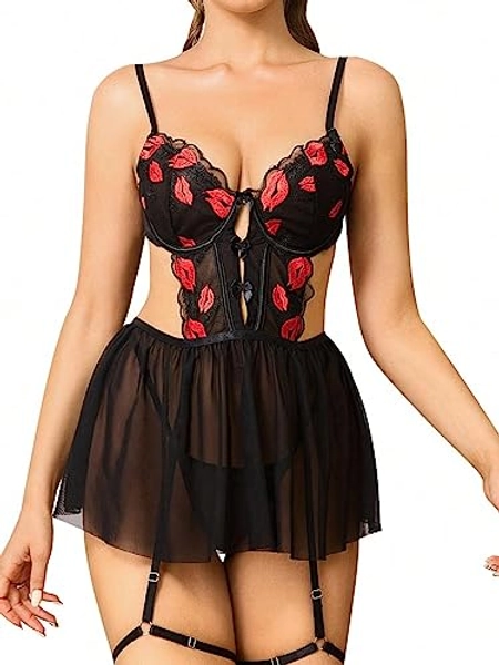 WDIRARA Women's Floral Embroidery Mesh Split Cut Out Babydoll Lingerie Slip Dress