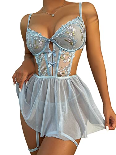 WDIRARA Women's Floral Embroidery Mesh Split Cut Out Babydoll Lingerie Slip Dress - Medium - Light Blue