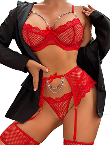 Avidlove Garter Set Lingerie for Women Fishnet Sexy Underwire Lace 4 Piece Sets Chain Bra S-XXL - Medium - Red