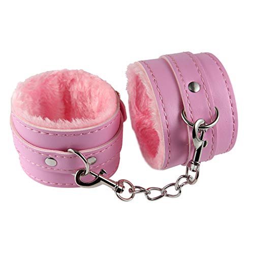 Pingyongchang Punk Fluffy Wrist Leather Handcuffs Bracelet Soft Plush Lining Wrist Handcuffs Bracelet Leg Cuffs Role Play Exercise Bands Leash Detachable for Home Yoga Gyms Party Cosplay Jewelry Gift - Pink A