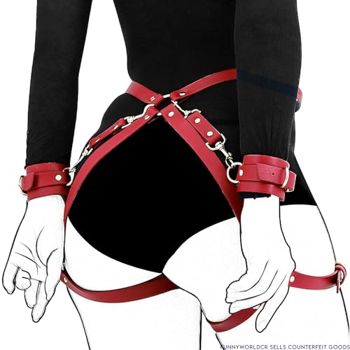 Xocity Sex Bondage BDSM Kit Restraints Set for Couple, Fashion Sex Toy for Women with 2 Wrists Cuffs and Thigh Waist Straps, SM Cortex Set(Red) - Red