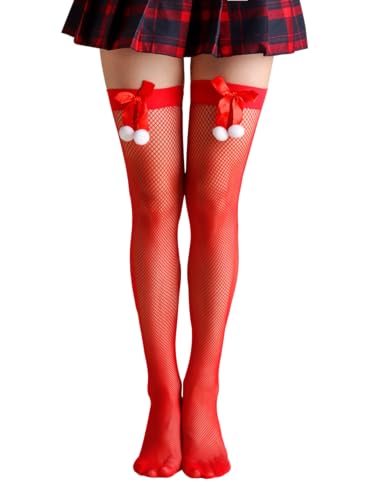 RSLOVE Christmas Thigh High Stockings for Women Sexy Fishnet Tights with Bow Accent Santa Accessory Hosiery One Size - One Size - Red Small Net