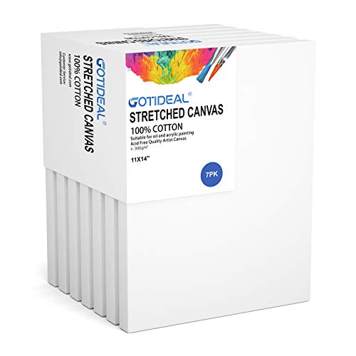 GOTIDEAL Stretched Canvas, 11x14" Inch Set of 7, Primed White - 100% Cotton Artist Canvas Boards for Painting, Acrylic Pouring, Oil Paint Dry & Wet Art Media