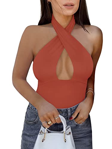 REORIA Women's Sexy Criss Cross Halter Neck Sleeveless Thong Bodysuits Tops Clubwear - Small - Rusty Red