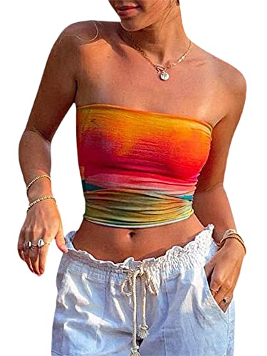 Women Y2k Tube Top Strapless Backless Bandeau Going Out Crop Top Aesthetic - A1 Colorful Orange - Small