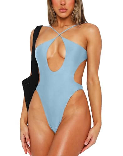 HYPERFIRE Women's Sexy Criss Cross Halter Bathing Suit Cut Out Backless Monokini Swimsuits One Piece - X-Small - Steel Blue