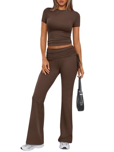 Trendy Queen Womens 2 Piece Outfits Lounge Sets Summer Y2k Short Sleeve Cropped Tops and Drawstring Flare Pants Tracksuits - Coffee - X-Small