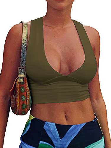 AEPEBO Sexy Crop Tops for Women Deep V Neck Back Cutout Sleeveless Plunge Racerback Tank Cropped Top - Small - Armygreen
