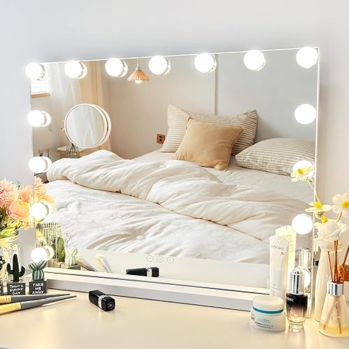 NUSVAN Vanity Mirror with Lights Lighted Makeup Mirror with 15 Dimmable LED Bulbs,3 Color Lighting Modes,USB Charging Port Touch Control,Sturdy Metal Frame Design 24x18 Inch,White - 22.8*18.9inch