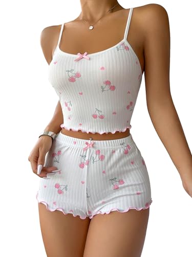COZYEASE Women's 2 Piece Pajama Set Cherry Print Bow Front Cami Top and Short Pj Set Cute Soft Sleepwear - Small - White