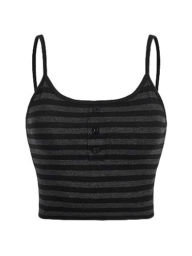 SOLY HUX Women's Striped Cami Crop Top Button Front Spaghetti Strap Summer Tops - X-Small - Black Striped