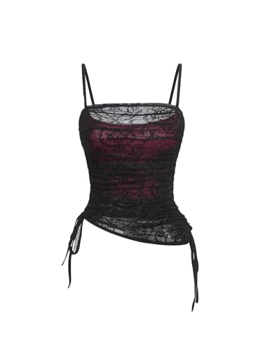 SOLY HUX Women's Ruched Lace Cami Top Drawstring Sleeveless Clubwear Sexy Gothic Tops - Small - Black and Red