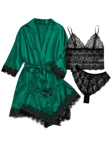 WDIRARA Women' Silk Satin Pajamas Set 4pcs Lingerie Floral Lace Cami Sleepwear with Robe - Small - Pure Green Solid